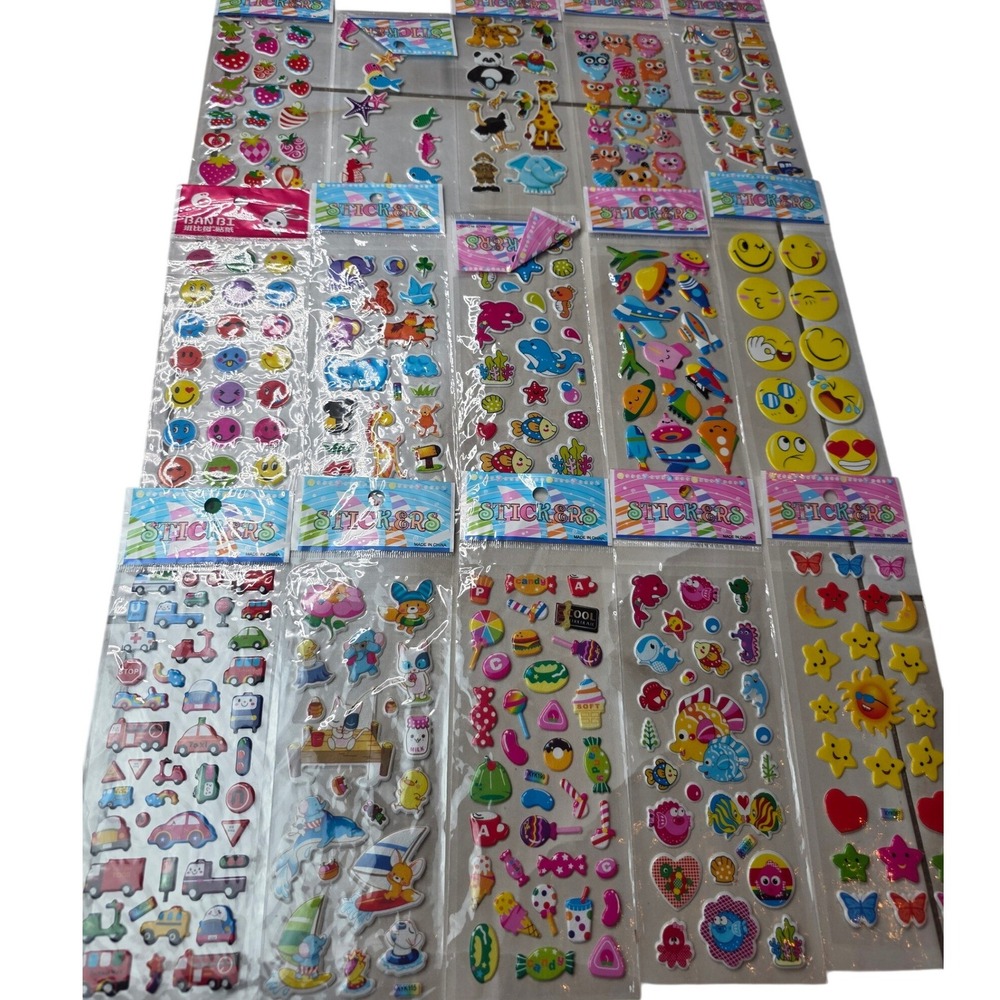 12 Pack Assorted Puffy Stickers Sheets Kids Animals Cars Smileys Fruit 3D Lot F2